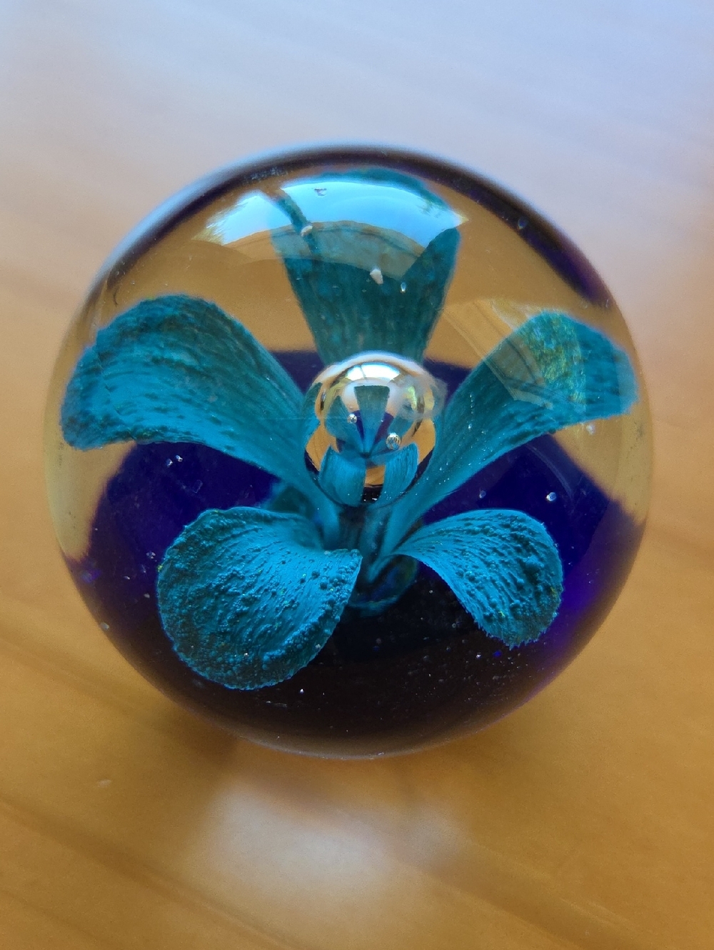 Glass Art Paperweight with Teal Flower